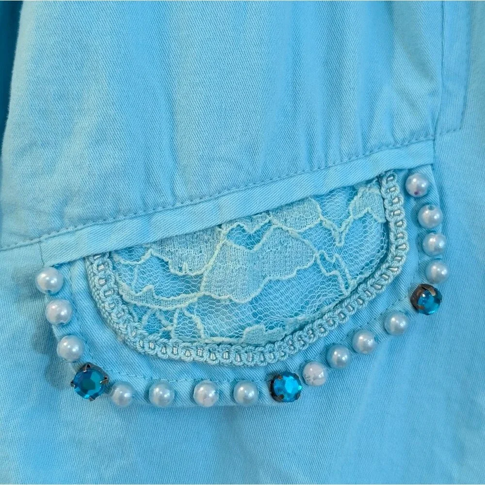 Vintage Resort Cottagecore Pearl Beaded Lace Blazer Jacket XL Coastal Chic Aqua - Picture 6 of 10